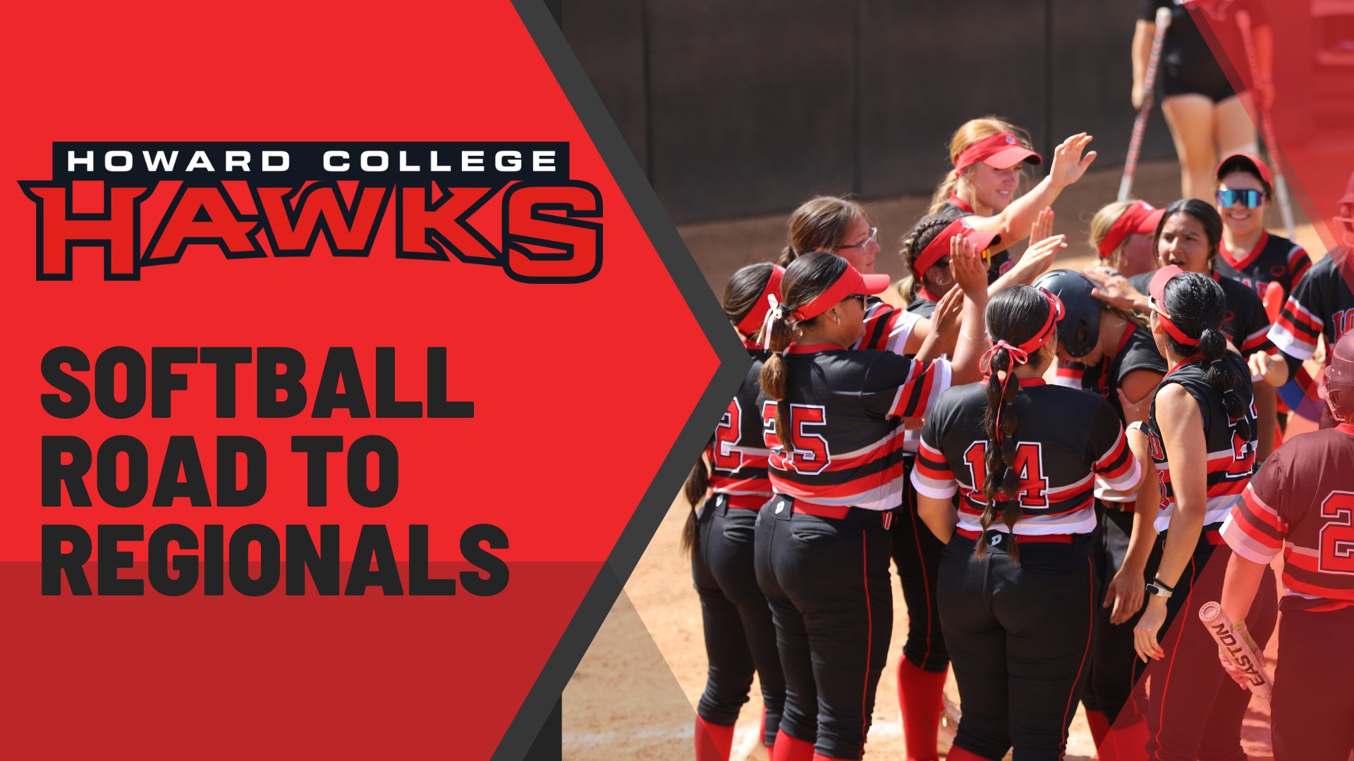 Red graphics around softball players on the field
